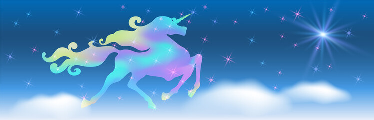 Galloping iridescent unicorn with luxurious winding mane prancing and flying to shining glowing star against the background of the fantasy universe with  stars