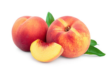 Naklejka na ściany i meble Ripe peach fruit and slice with leaf isolated on white background
