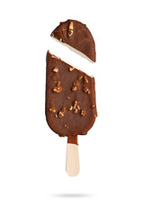  chocolate coated ice cream with almond nuts in a section on a stick on a white background