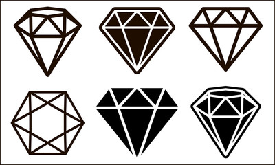 Diamond icon set. Set of diamonds in a flat style and linear style isolated on white background.  Vector illustration.