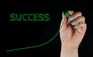 Success Increasing Graph Concept, woman's hand with Green marker on black background