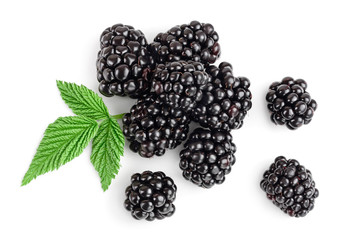 Fresh blackberry with leaves isolated on white background. Top view. Flat lay pattern - obrazy, fototapety, plakaty