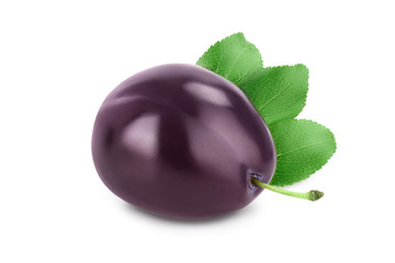 fresh purple plum with leaves isolated on white background with clipping path and full depth of field