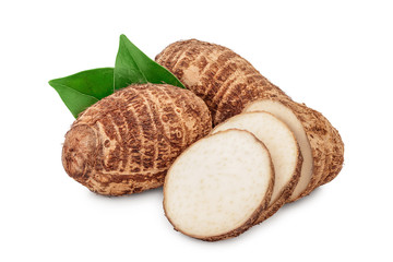 fresh taro root with slices and leaf isolated on white background