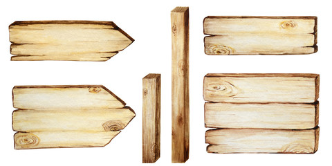 Watercolor Wooden signboards, empty Blank isolated. Set of vintage old, retro Hand painted wood banners, planks, board. Signs for messages with arrow for pathfinding. Illustration with space for text