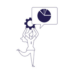 happy woman with gear wheel and speech bubble with graphic pie chart, flat design