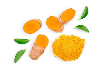 Turmeric powder and turmeric root isolated on white background. Top view. Flat lay