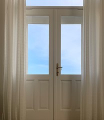 Sky view from the wooden windows with curtains