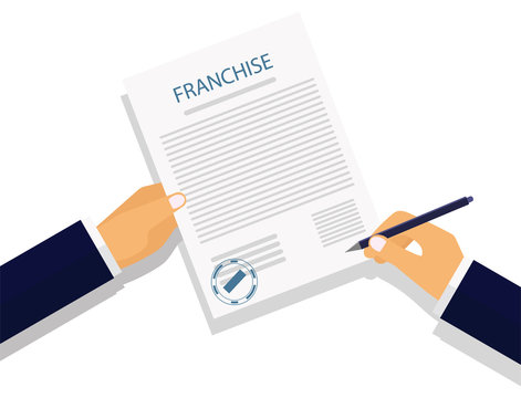 Vector drawing franchise agreement signing on white background