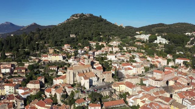 Aerial view of Hyeres, old city, Collegiate Church Saint Paul (XII), classified Historical Monument