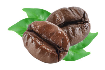 roasted coffee beans with leaf isolated on white background.