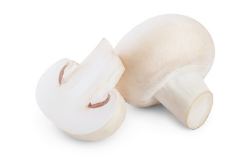 Fresh mushrooms champignon and half isolated on white background with clipping path