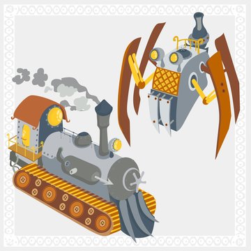  Fantasy mechanical and organic vehicles and robots in vector format isolated illustrations set 1