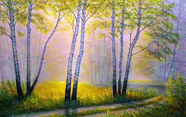 Oil painting landscape. Morning landscape with trees. - obrazy, fototapety, plakaty