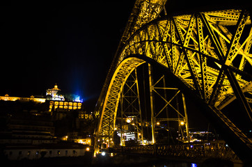 Portugal, night Porto, lights of night city, night panoramic view of The Eiffel Bridge, Ponte Dom...