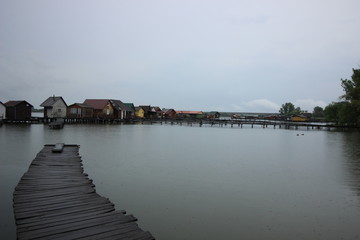 Panoramic view of the floating village at Bokodi lake in Hungary.