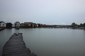 Panoramic view of the floating village at Bokodi lake in Hungary.