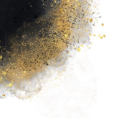 Black watercolor texture with gold. Abstract background