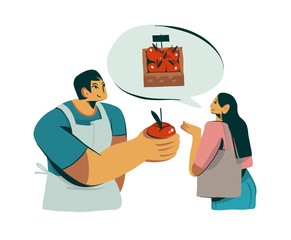 Hand drawn vector stock abstract graphic illustration with salesman character design salles fresh organic home apple to cute girl