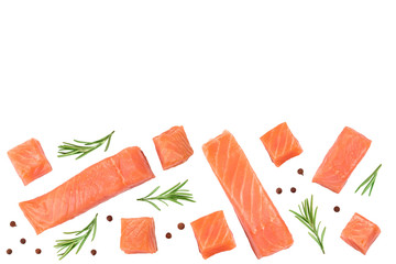 Slice of red fish salmon with rosemary peppercorns isolated on white background with copy space for your text. Top view