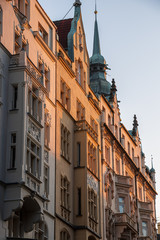 Sunlit old buildings in  city Prague