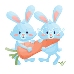 Obraz na płótnie Canvas Blue bunnies couple with a carrot. Vector Illustration.