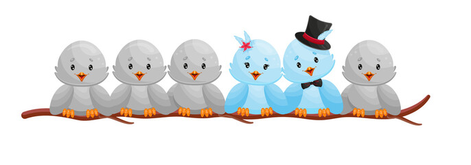 Bright romantic blue birds love couple on a tree branch among common ordinary grey birds. Vector Illustration Concept.