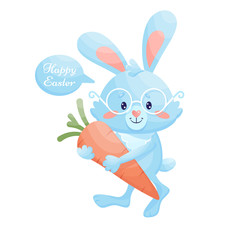 Easter blue bunny with a carrot. Vector Illustration.