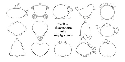 Outline illustrations set with empty space of: submarine, coach, snail, bird, alarm clock, shell, aerostat balloon,  rocket, kettle, Christmas tree, heart, pumpkin, fish, apple.