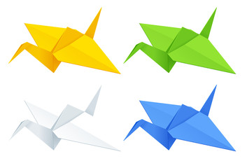 Fototapeta premium Isometric colorise set of Origami paper cranes on white background.