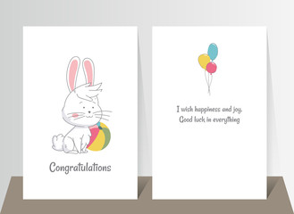 Two banners with funny cute bunny. Hand drawn rabbit seated with color balloon and color balloons. Vector illustration in flat style