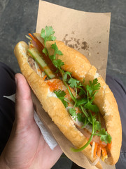 Real hand held banh mi sandwich Hoi An street food.