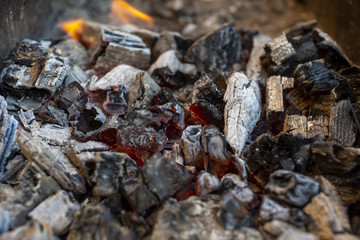 Burning firewood in a rusty barbecue