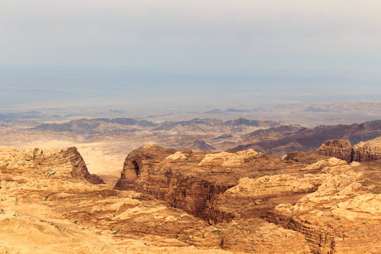 Arabah Valley Desert Panorama With Mountains In Jordan