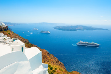 Panoramic view of Santorini island, Greece. Summer landscape with sea view. Famous travel destination
