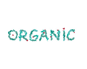 A organic text with font from green leaves is isolated on a white background for design, a vector stock illustration with words or letters as eco friendly concept for business