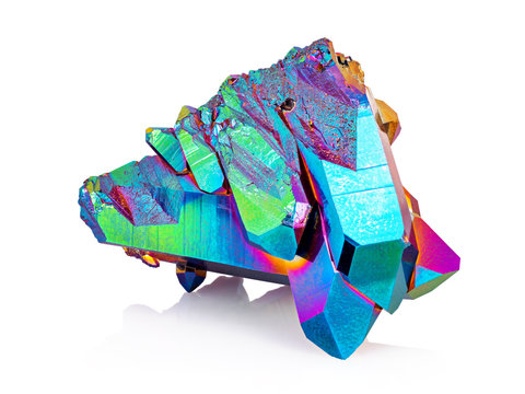 An extreme sharp image of the Titanium rainbow aura quartz crystal cluster stone taken with the macro lens. The image is stacked from more photos into one very sharp image.
