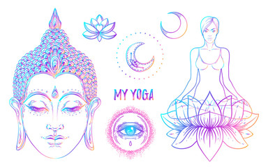 Sacred Geometry and Boo symbol set. Ayurveda sign of harmony and balance. Tattoo design, yoga logo. poster, t-shirt textile. Colorful rainbow gradient over black.