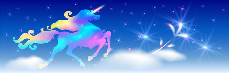Galloping iridescent unicorn with luxurious winding mane prancing against the background of the fantasy universe with sparkling stars and glowing flowers