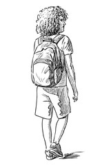 Sketch of teen boy with backpack going along street on summer day