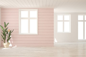 Empty room in white color with pink wall and home plant. Scandinavian interior design. 3D illustration