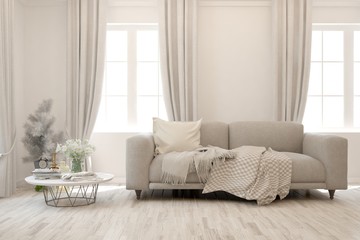 Stylish room in white color with sofa. Scandinavian interior design. 3D illustration