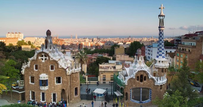 Spain, Catalonia, Barcelona, Park Guell, listed as World Heritage by UNESCO - Time lapse