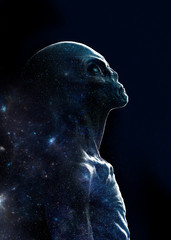 Abstract silhouette of a grey alien on a star field - 3D rendering