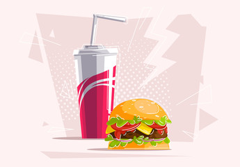 Vector illustration of fast food, a glass of soda with a Burger