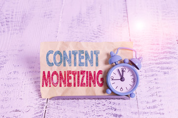 Word writing text Content Monetizing. Business photo showcasing making money from content that...