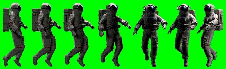 floating astronaut on a green screen various frontal  poses basic lateral light - 3d rendering