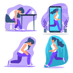 Girl activity set vector. Burnout in professional life. Fitness for toned legs. Digital detox. Woman is jogging and runs out of the mobile phone screen. City running marathon.