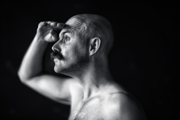 portrait of a steam punk hipster, mustachioed man posing, face, mustache