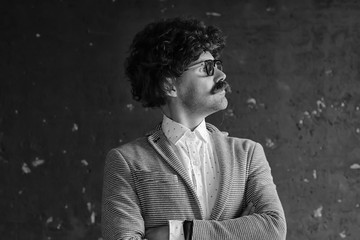 hipser teacher glasses mustache, crystal modern young teacher, brutal guy concept with mustache